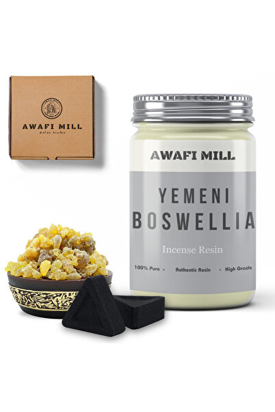 AWAFI MILL بوسويليا ساكرا من اليمن مع أقراص فحم مثلثة - زجاجة 100 جرام مع 20 ...