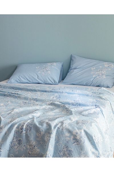 Madame Coco Berne King Size Cotton Ecocell Printed Pique Set - Blue