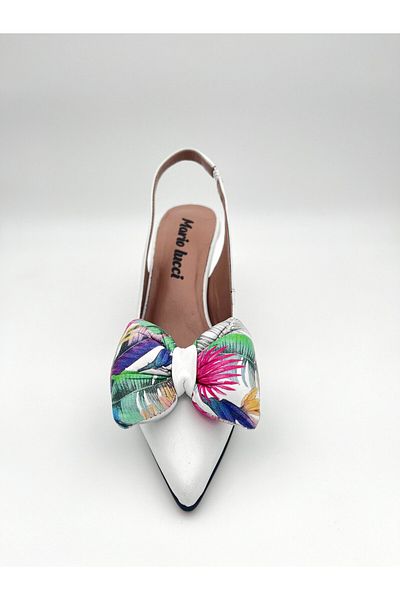 Mariolucci Women's Bow Heeled Shoes White (Flower Print) Genuine Leather