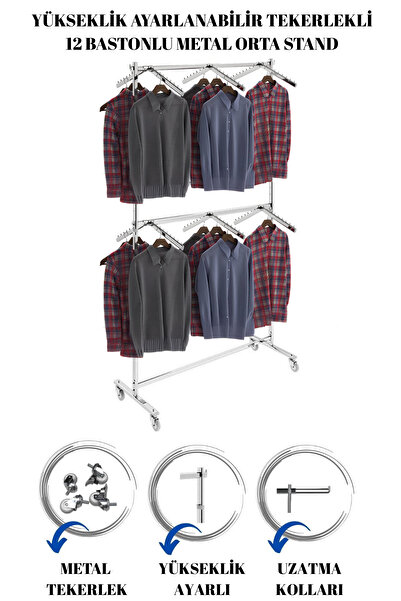 Manken İstanbul Çift Katlı 12 Adet Askılı Yüksek Kalite Tekerlekli Krom Kapla...