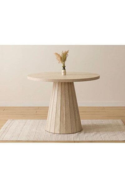 Meser Mobilya Traverten desen Ahşap Mdf Yuvarlak 90cm Çapında Sabit Mermer De...