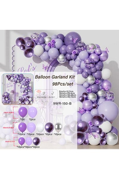 Choice Other 9WR-150-B 98pcs Metallic Purple Balloon Garland Kit, Metallic Purple Sliver White Balloons fo