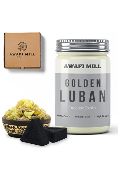 AWAFI MILL لبان ذهبي مع أقراص فحم مثلثة - زجاجة ١٠٠ غرام مع ٢٠ قطعة فحم