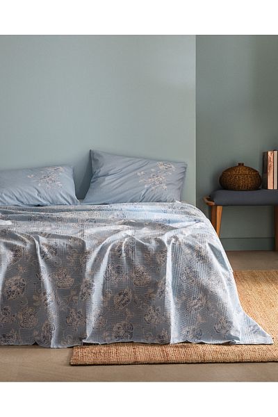 Madame Coco Berne King Size Cotton Ecocell Printed Pique Set - Blue