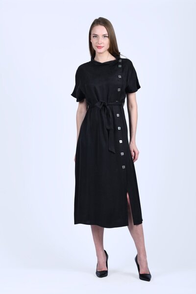 la luce Siyah Düğme Detaylı Midi Elbise - QE347