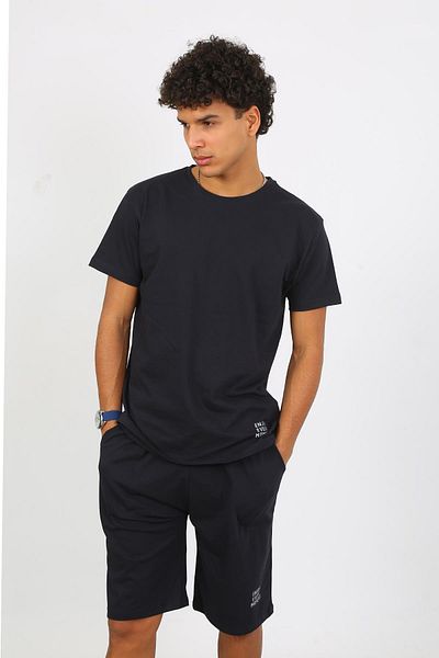 Akbeniz Men's Cotton Lacoste Bottom Top Capri Pajama Suit Navy Blue 6874