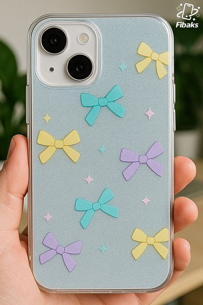Fibaks حافظة متوافقة مع هاتف Apple Iphone 14 Plus / 15 Plus، لون أزرق لامع، نمط فيونكة، لامع ممتص للصدمات