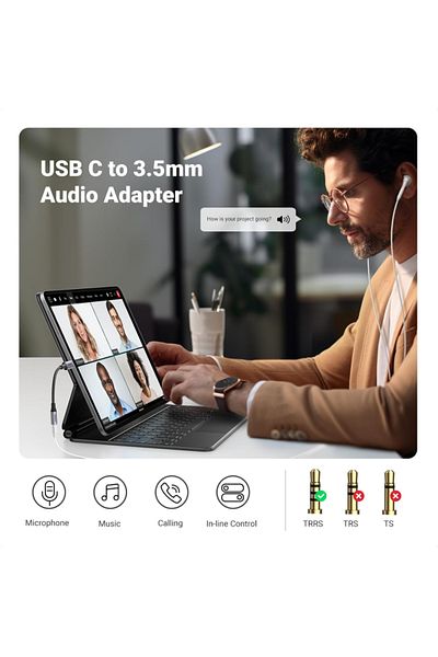 Ugreen كابل محول صوت USB-C إلى 3.5 مم مصنوع من الألومنيوم مع مضفر - 10 سم - رمادي