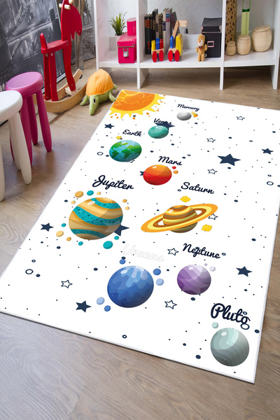 CENTER AVM Uzay Desenli Çocuk Odası Halısı Leke Tutmaz Makinede Yıkanabilir K...