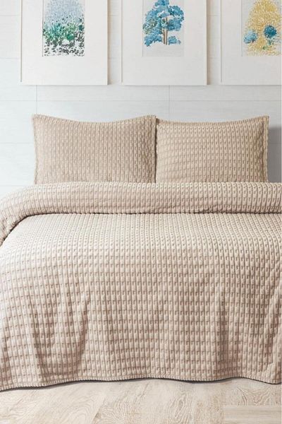 Çeyiz Diyarı Merino Twist Double Blanket Set Cappucino