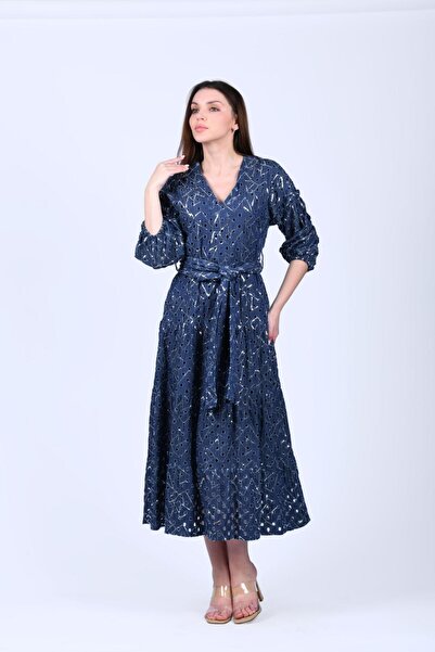 la luce İndigo Payetli Kuşaklı Elbise - QE350