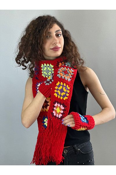 Gönülden Tasarım РЪЧНО ПЛЕТЕНА ШАЛ С ЕТНИЧЕСКИ МОТИВ И ШАБЛОНИ, КОМПЛЕКТ РЪКАВИЦИ, ШАЛ 180 СМ