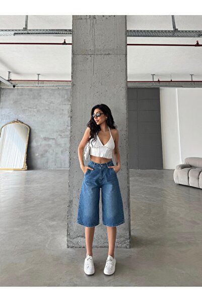 Swet Shop Jeans Kadın Yüksek Bel Soluk Efektli Vintage Bol Kesim Geniş Paça Baggy Denim Bermuda Şort