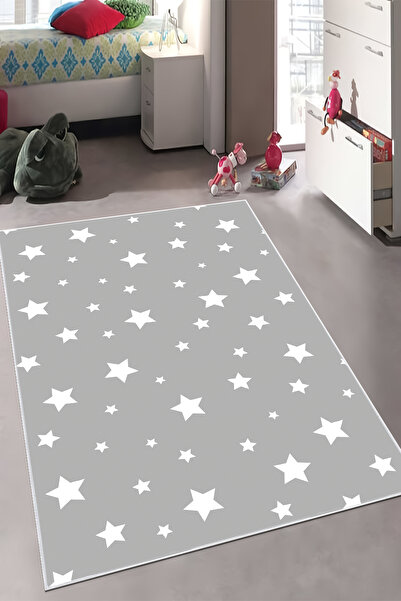 VOPTEKS Gri Çocuk Odası Halısı Leke Tutmaz Makinede Yıkanabilir Kaymaz Taban ...