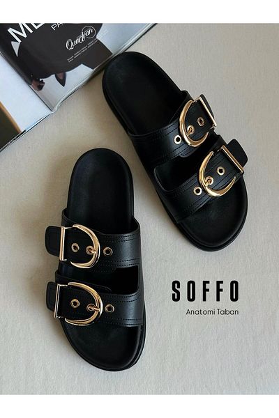 Zuum Γυναικείες παντόφλες Soffo Buckle - Μαύρο δέρμα