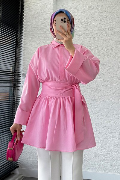 MELEK ARAZ Τούνικ Ποπλίνα με ζώνη μέσης-Ροζ