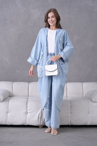 Miss Allos Women's Cardigan and Trousers Embroidered Stone Detailed Denim Kimono Cardigan and Denim Trousers Bottom Top Set