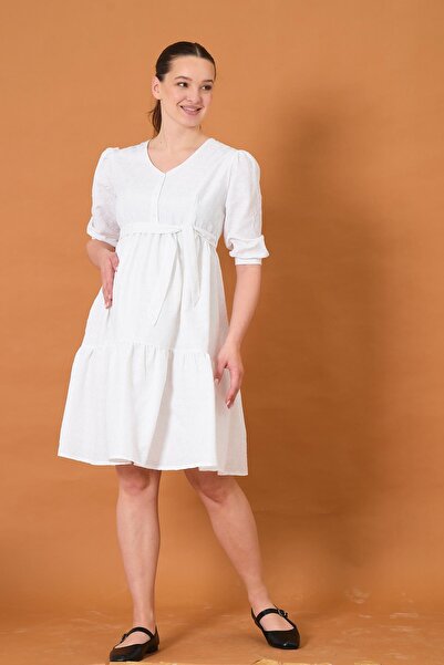 BUSA Hamile Yarım Kol Midi Boy Brode Elbise BEYAZ