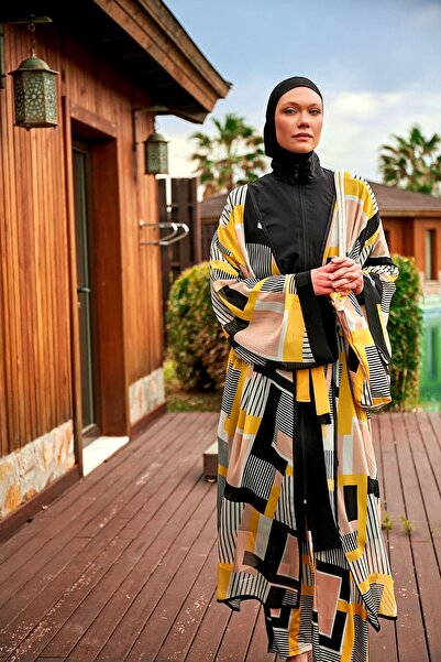 Marina Desenli Siyah Kimono Kaftan P2407