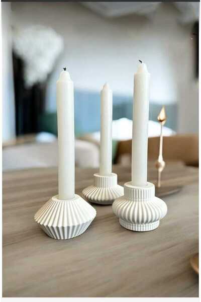 ALMİSH Bohem İskandinav Dekoratif Beton Üçlü Şamdan Mumluk -Beyaz El Yapımı Ş...