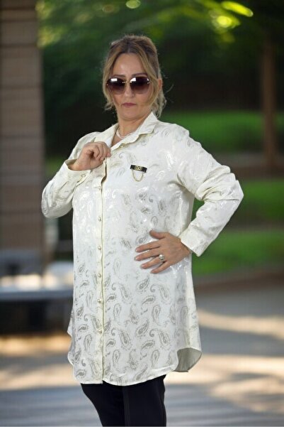 yagmurberen Pearl Front Button Long Sleeve Oversized Jacquard Satin Shirt Tunic with Chain Accessories