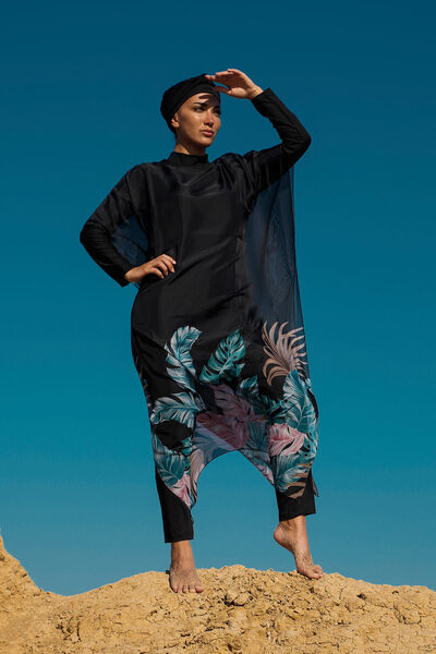 Marina Μαύρο Floral γυναικείο μαγιό Hijab Kaftan Kimono Pareo P2203