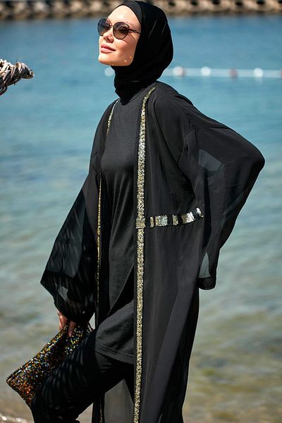 Marina Sequined Black Kimono Kaftan P2346