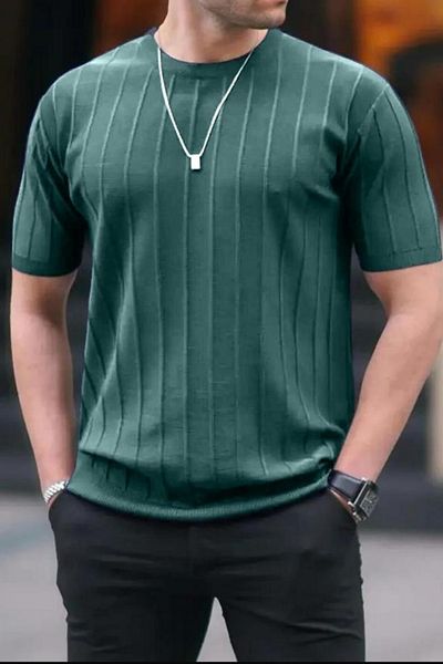 GAYIŞ Petrol Green Men's Crew Neck Knitted Knitwear T-Shirt, Khaki Men's Ribbed T-Shirt