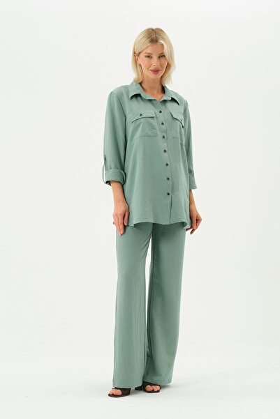 BUSA Pregnant Loose Wide Leg Adjustable Waist Shirt Suit Green