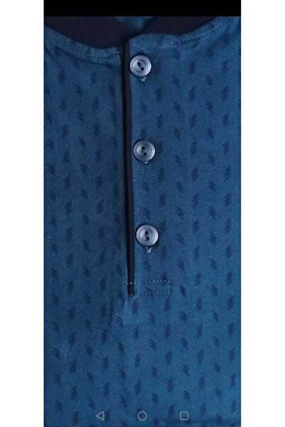 Tarık Men's 100% Cotton Half Button Petrol Blue Dot Pattern Short Sleeve Pajama Set