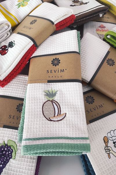 Sevim Mint Green 2-piece Kitchen Towel Set - Pineapple Embroidered Cotton Drying Cloth - 40x60 Cm