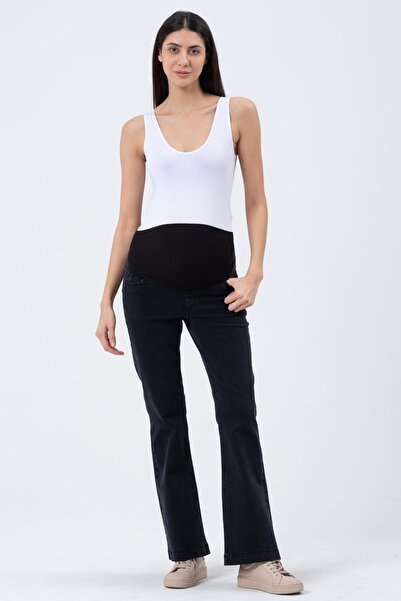 BUSA Hamile Esnek Karın Bantlı Bel Ayarlı Ispanyol Paça Kot Pantolon Siyah