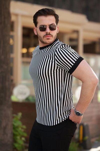 Eserden Men's Black and White Knitted Cotton Fabric Short Sleeve T-Shirt