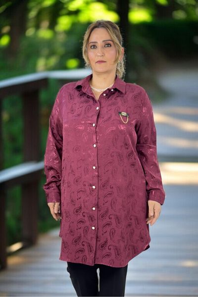 yagmurberen Pearl Front Button Long Sleeve Oversized Jacquard Satin Shirt Tunic with Chain Accessories