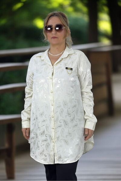 yagmurberen Pearl Front Button Long Sleeve Oversized Jacquard Satin Shirt Tunic with Chain Accessories