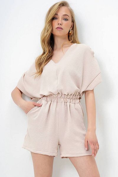 ÇEÇİM Women's V-Neck Shoulders Gathered Double Pocket Aerobin Shorts Jumpsuit Zyn-58790
