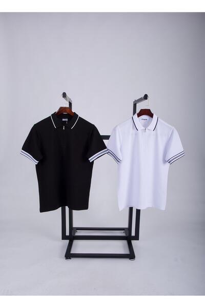 SILVANO Erkek Fermuarlı Yaka Desenli Polo Yaka Siyah - Beyaz 2 Li Basic Tişör...