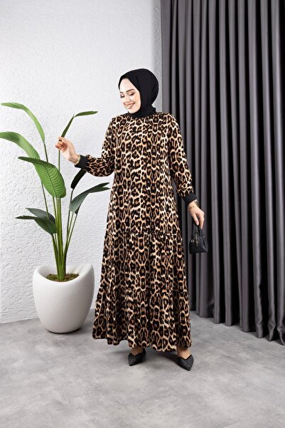 HARMAN BUTİK KADIN LEOPAR DESENLİ TESETTÜR ELBİSE