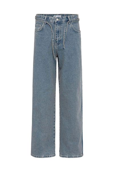 VAMOSCLO Belt Detailed Striped Baggy Jean Blue Melange