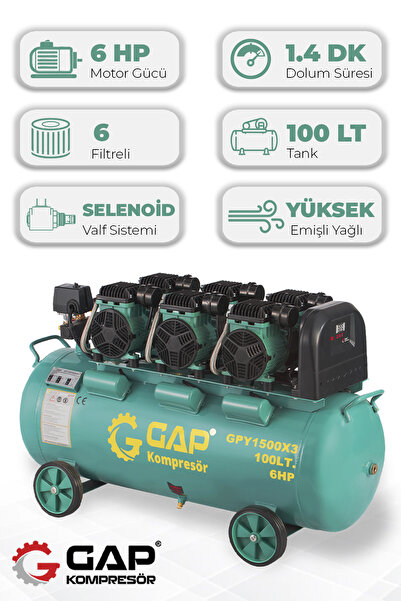GAP KOMPRESÖR Hava Kompresörü Yüksek Emişli Yağsız Teknoloji 100lt Gpy1500x3