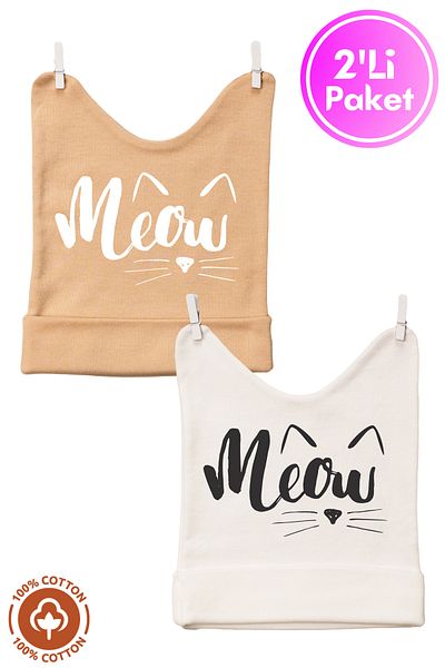 Miniel Unisex Baby Meow Printed 0-6 Months Combed Organic Cotton 2-Piece Baby Beanie Colorful Set