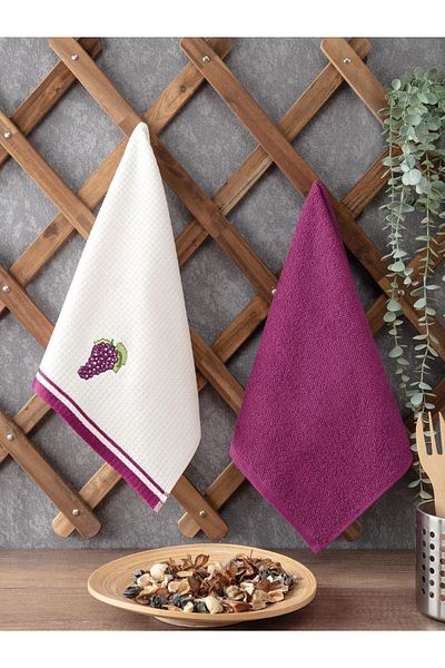 Sevim Purple Color Grape Embroidered 2-piece Kitchen Towel