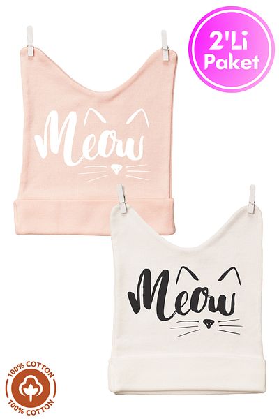 Miniel Unisex Baby Meow Printed 0-6 Months Combed Organic Cotton 2-Piece Baby Beanie Colorful Set