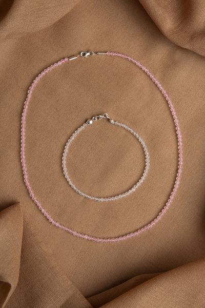 OSMANLI DEĞERLİ TAŞ Certified Natural Pink Quartz Necklace and Bracelet Set