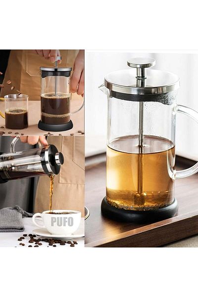 PUFO Ceainic modern cu infuzor pentru ceai, din sticlă borosilicată, cu mâner și sită French press, 600 ml