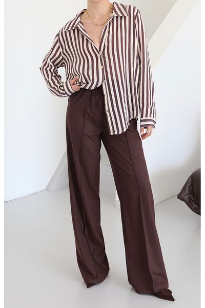 Laluvia Brown Elastic Waist Front Stitched Polyviscon Trousers - 50741