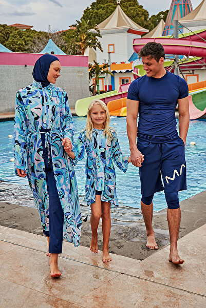 Marina Desenli Turkuaz Kimono Kaftan P2428