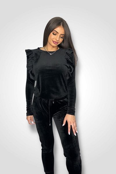 BOMBFIT Black Velvet Butterfly Two-Piece Suit (Pants and Blouse) in Luxurious Velvet