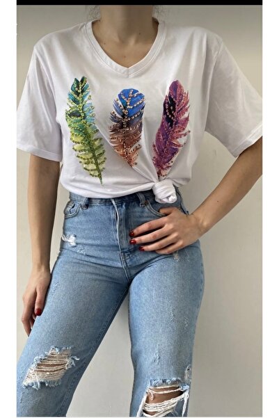 MODA Kuş tüyü taşlı V yaka %100 pamuk şık T-shirt