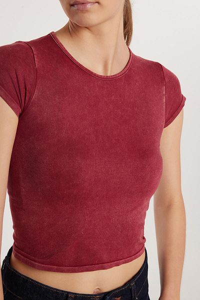 Tudors Tricou de damă, slim fit, slim, uni, de bază, cu decolteu, roșu Claret